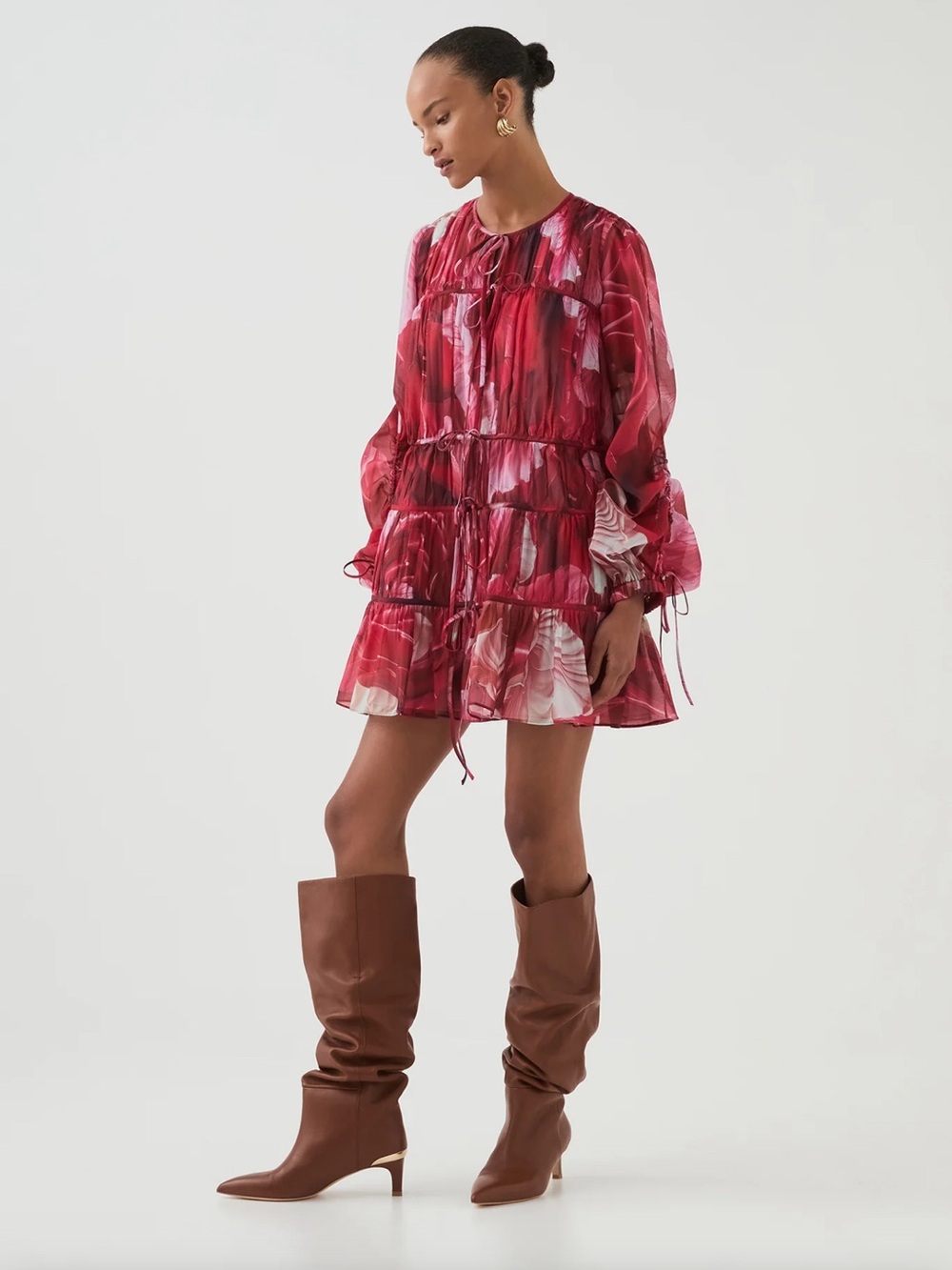 Aje Flora Mini Dress Prismatic Red Floral Ruched Adjustable Fit Women’s Size 12